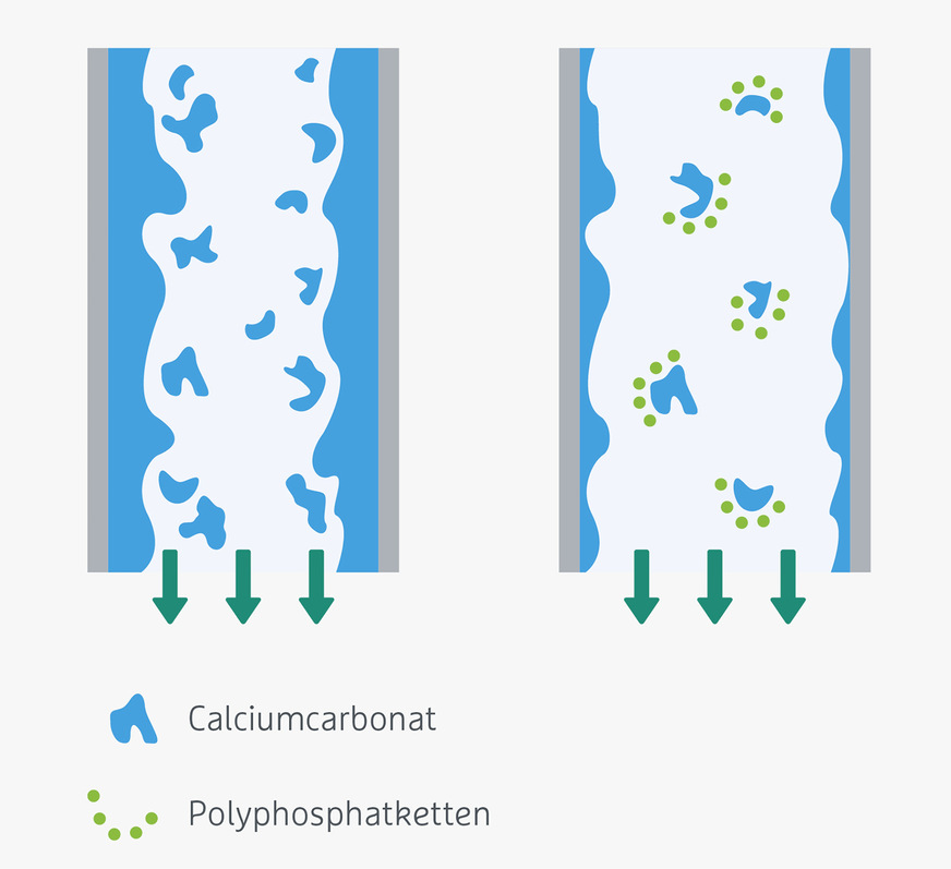 C: Schematisch dargestellte Wirkungsweise härtestabilisierender Mineralstofflösungen auf Polyphosphatbasis. Die Adsorption der Poly­phosphatmoleküle vermindert das Wachstum der ­Calciumcarbonatkristalle.