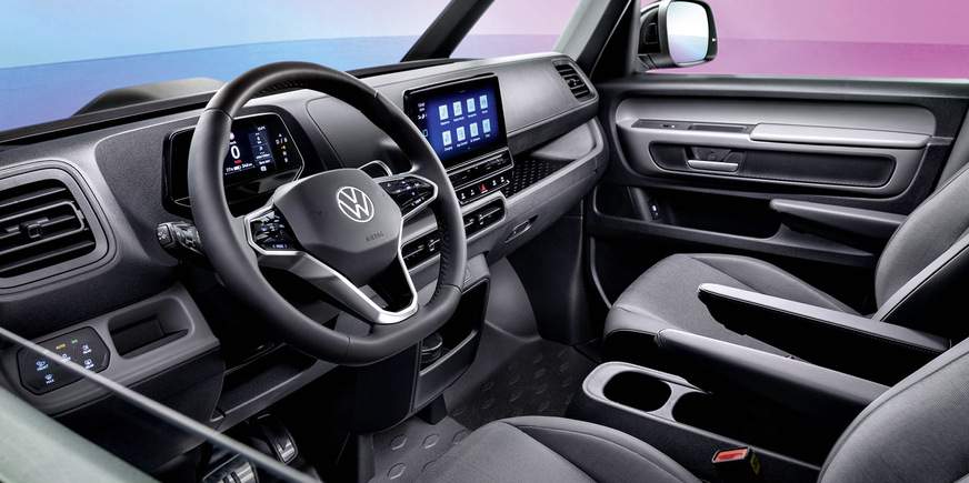 Digitales Cockpit:&nbsp;Das Interieur des ID. Buzz Cargo wirkt angenehm sachlich.