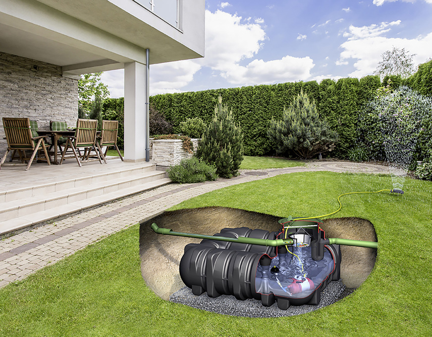I Regenwassernutzungsanlage zur Gartenbewässerung.