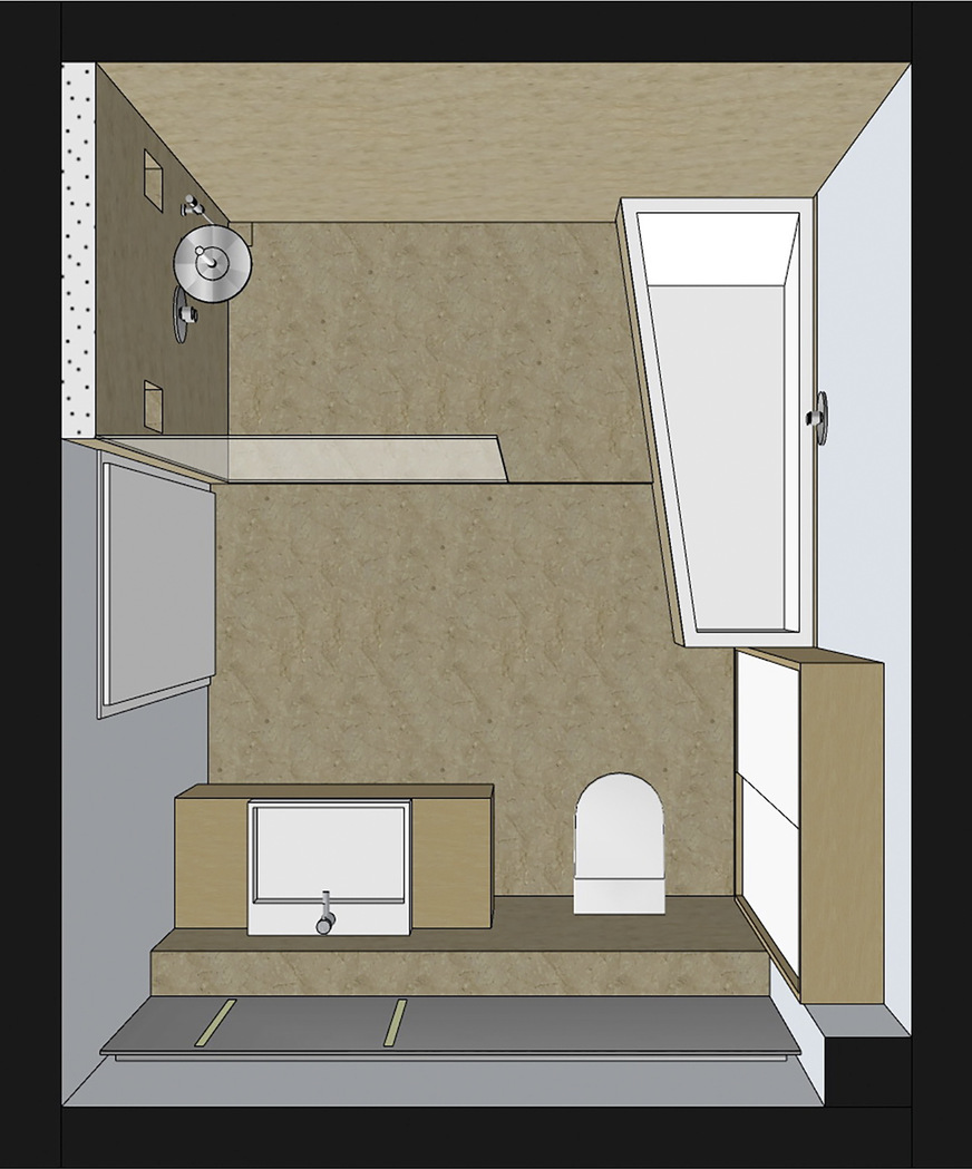 Mit 7,4 m² ist das fast quadratische Bad verhältnismäßig geräumig. Die Tür liegt günstig in der Mitte der Wand,.