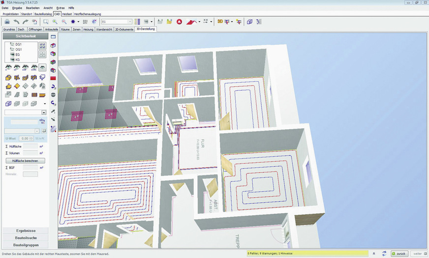 Heizungs-CAD ermöglicht auch eine rationelle Planung und Auslegung von Fußbodenheizungen.