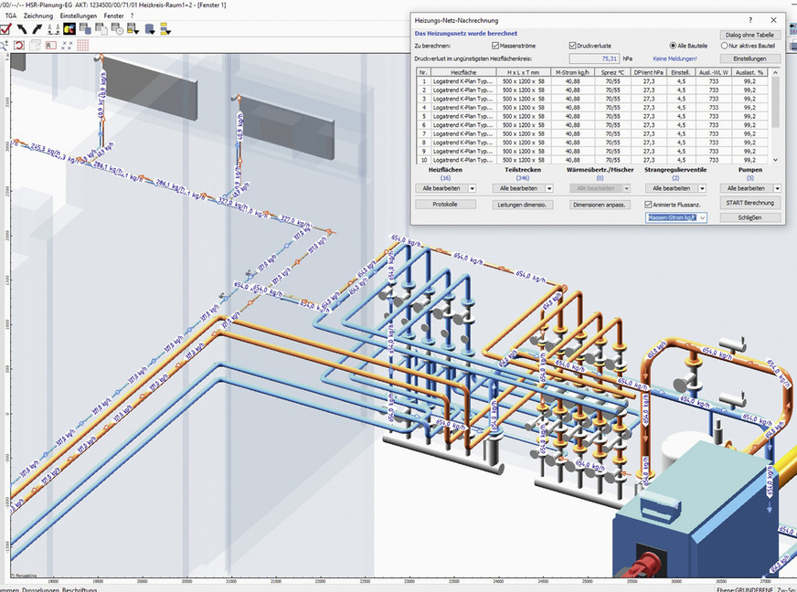 Mit 3D-CAD-/BIM-Software behalten Anwender auch bei komplexen Rohrnetzen den Überblick, wie z. B. über die Heizwasser-Massenströme.