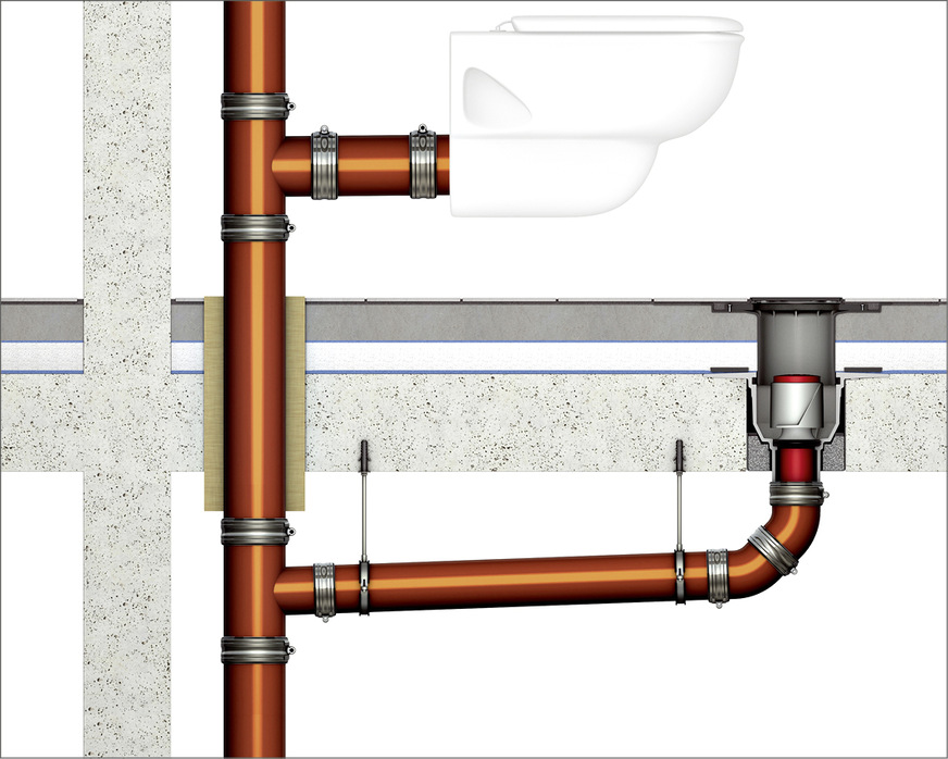 Eine nicht brennbare ­Ent­wässerungsleitung inkl. nicht&nbsp;­brennbarer Anschlussleitungen, ­Abschottungen und nicht brennbarer Bodenabläufe.