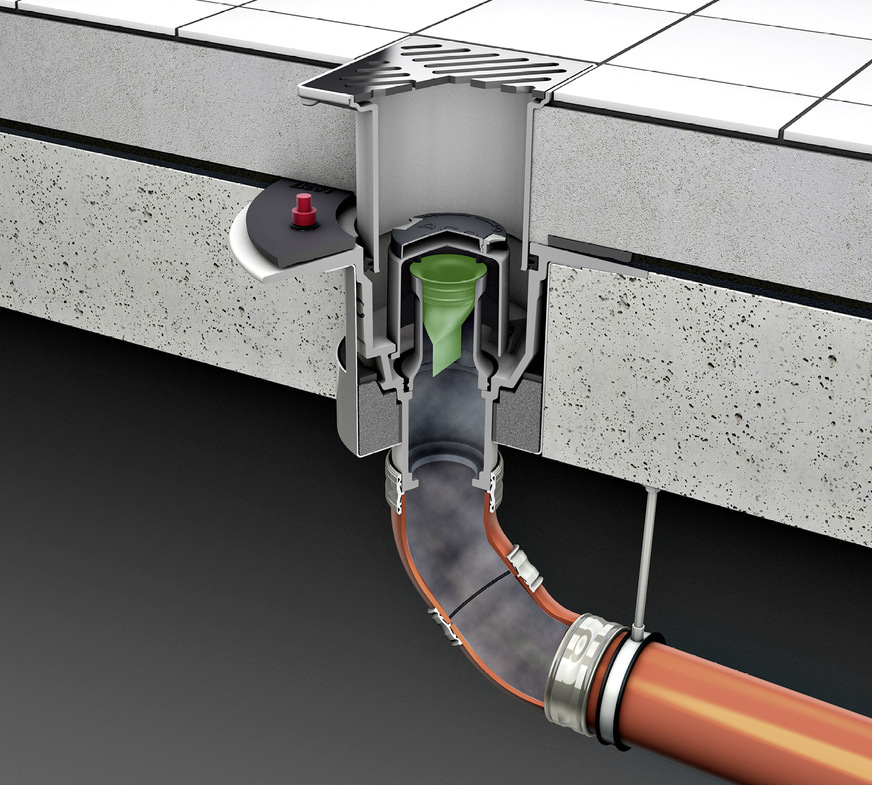 Der optionale Geruch- und ­Rauchstopp verhindert das Ausbreiten von Rauch und das ­Eindringen von Gerüchen aus&nbsp;der&nbsp;Kanalisation bei fehlender ­Wasservorlage.