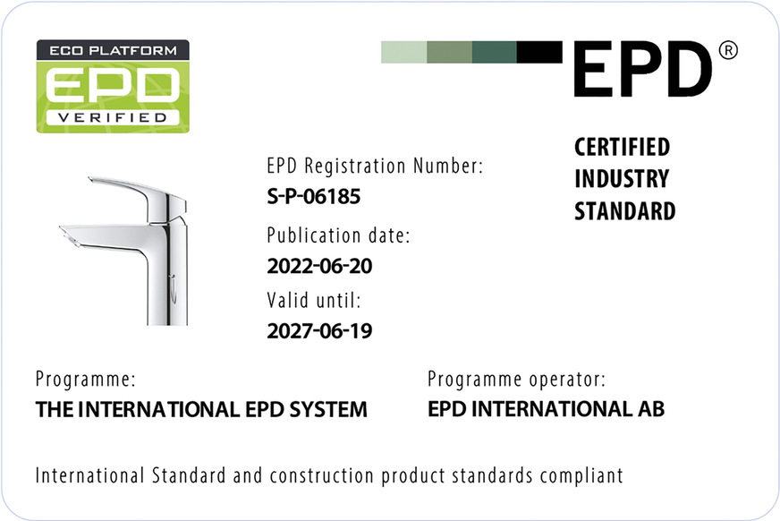 Environmental Product Declarations (EPDs) sind umfassende, unabhängig ­geprüfte und registrierte Produktpässe. Durch die Erhebung und Validierung von EPD-relevanten Daten strebt Grohe langfristig zunehmend emissions­ärmere Produkt­strategien und eine kontinuierliche Verbesserung des eigenen CO2-Fußabdrucks an.
