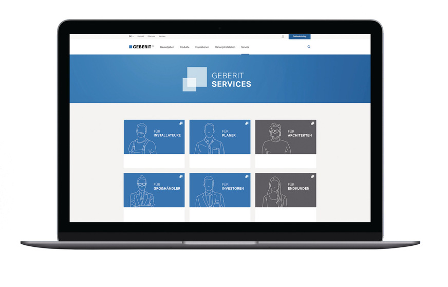 Im Geberit Serviceportal sind insgesamt über 60 Services nach verschiedenen Interessensgruppen sortiert, wie zum Beispiel Installateure, Planer oder Architekten. So gelangen die Nutzer mit nur wenigen Klicks zu den für sie relevanten Services.