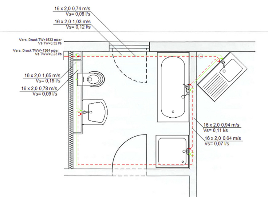 Die Planung von Trinkwasserrohrnetzen erfolgt ausgehend vom Systemschnitt oder auf der Basis von Grundrissplänen.