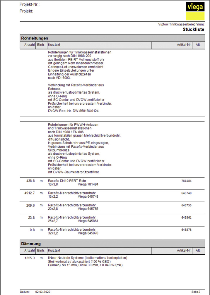 Aus dem Schemaplan generierte Stücklisten vereinfachen Fachhandwerkern die Angebotskalkulation und Bestellung.