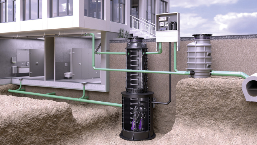 Beispiel einer individuellen Lösung mit der Pumpstation Aquapump XXL für sehr große Abwassermengen in Nassaufstellung.