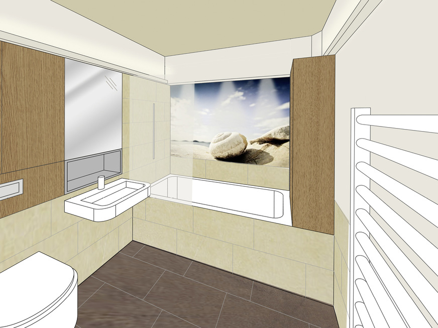 Zu einem freundlichen und ruhigen Eindruck tragen die mittelformatigen Wandfliesen in Sandsteinoptik mit fast unsichtbarer Fugenausführung bei. (Anmerkung: Der geplante Schrank an der Wanne wurde nicht umgesetzt.)