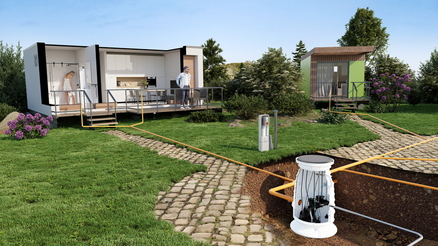 Bei der Druckentwässerung fördern kleine Hauspumpstationen das Abwasser einzelner Häuser oder Häusergruppen in ein Druckrohrnetz.
