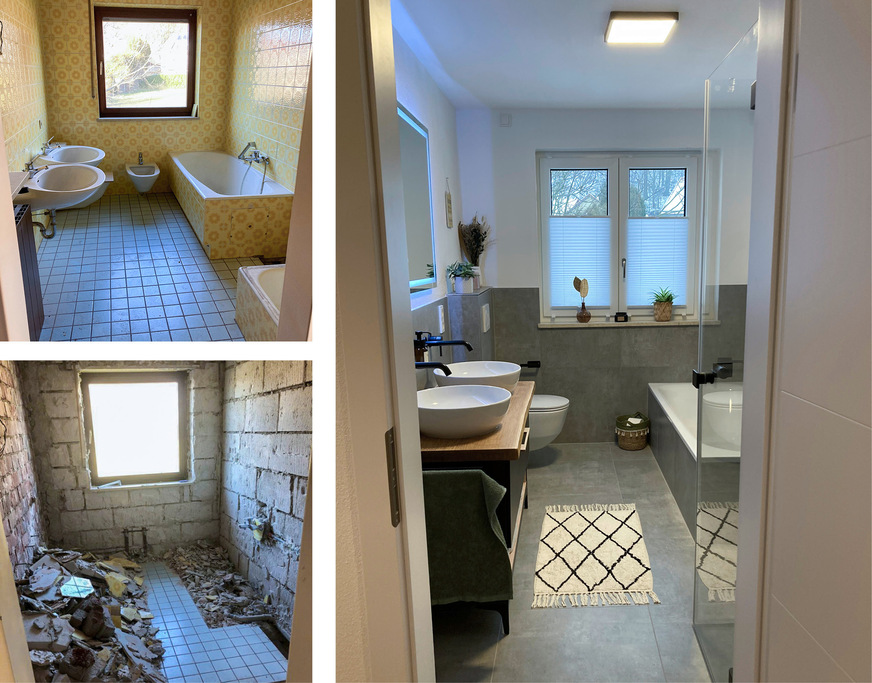 Das Hauptbad des Hauses vor der Modernisierung (links oben), während der Demontage aller Sanitäranlagen und der ­Entfernung aller Fliesen an Wänden und Boden (links unten) und im fertigen Zustand (rechts).