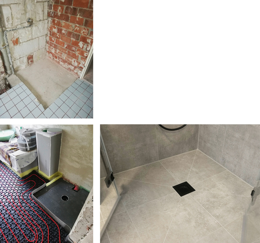 Der Duschbereich wird für das Kermi-Duschboard vorbereitet (links), das extraflache Duschboard E65 ist mit nur 65 mm Gesamthöhe ideal für den Renovierungsbereich (Mitte), fertig gefliest mit Pendeltüren-Eckeinstieg der Serie Mena mit Oberflächen in Schwarz soft (rechts).