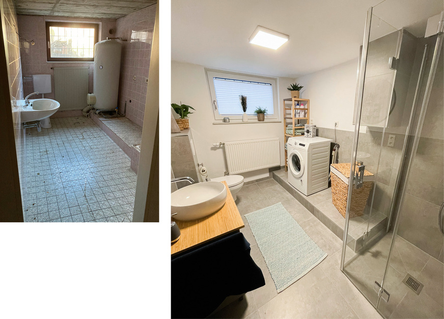 Gästebad vor der Renovierung (links), danach ist es schick und funktional zugleich (rechts). Die praktischen Pendelfalttüren der Duschkabinenserie Liga lassen sich bei Nichtgebrauch zur Wand hin falten.
