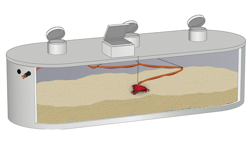 Mall-Pelletspeicher ThermoPel 30000: oben die drei runden Befüllöffnungen und der rechteckige Einstieg, links abgedichtete Wanddurchführungen (Anschluss für Leerrohre zum Heizkessel und zur Außenluft), innen das Entnahmesystem „Maulwurf“.