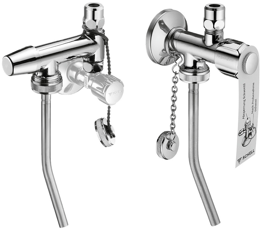 Laut § 41 muss der Betreiber wie bisher für geeignete und repräsentative Probennahmestellen sorgen. Das Probennahmeventil Probfix (links) mit ­Anschluss für Armaturenschläuche ist zum Nachrüsten zwischen Eckventil und Armatur geeignet. Beim Probennahmeeckventil mit vandalengeschützter Betätigung (rechts) kann zur Probennahme zusätzlich das Rohr entfernt und dessen Abgang verschlossen werden.