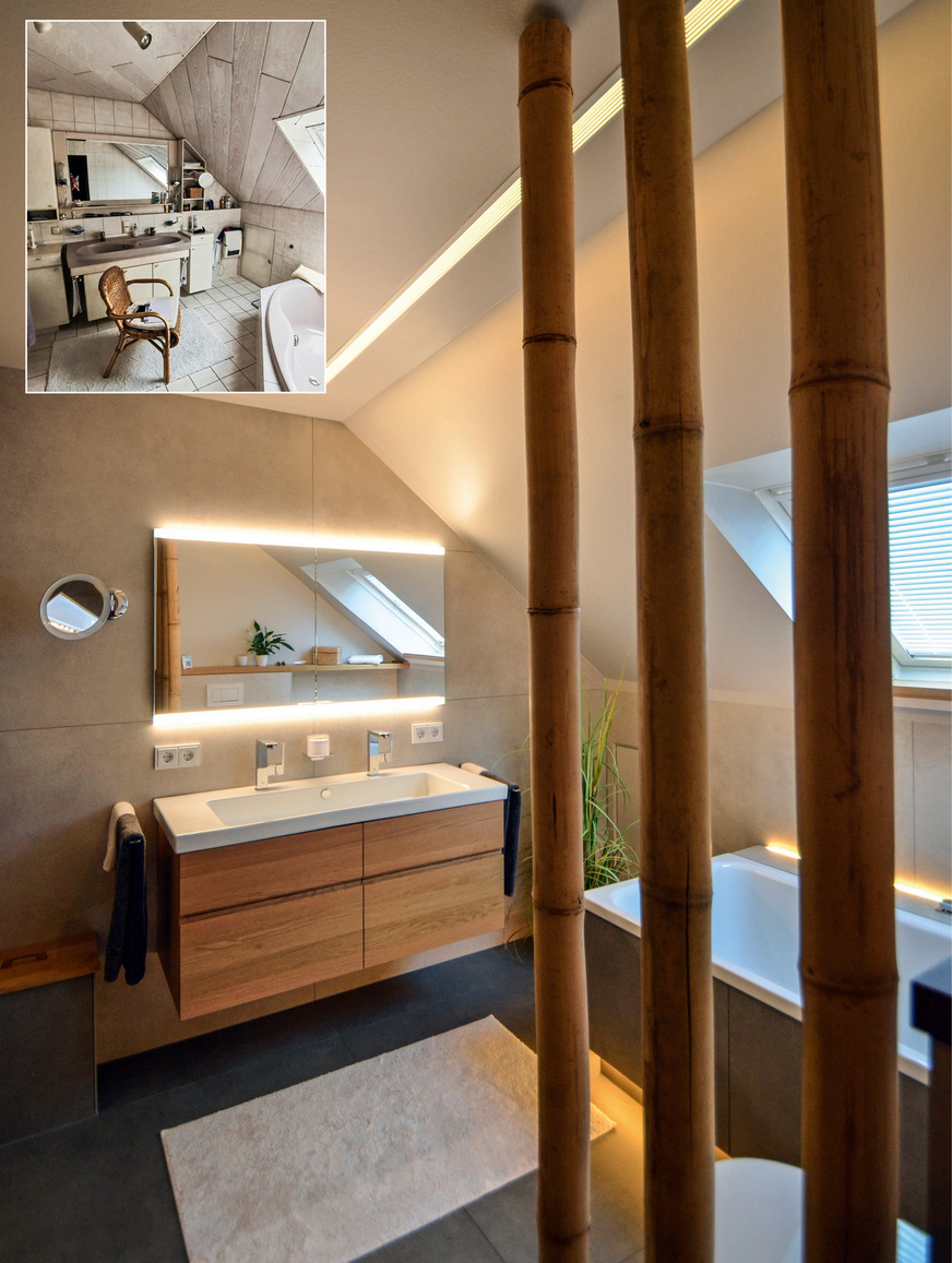 Der Vorher-nachher-Vergleich zeigt: Die Modernisierung hat im Raum ein völlig neues Bad entstehen lassen.