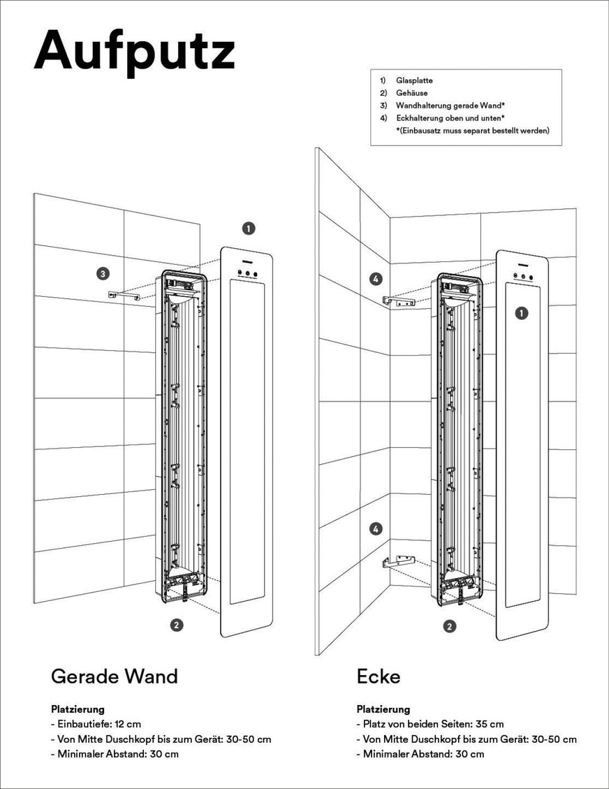 Aufputz: Das Gehäuse kann mithilfe des Montagesets entweder auf der geraden Wand oder in einer 90-Grad-Ecke befestigt werden.