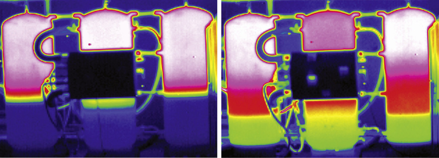 In Kombination mit Schichtspeichern können die Frischwasserstationen ihre Vorzüge ausspielen – links bei der Beladung mit Wärmeenergie, rechts bei der Warmwasserentnahme durch das Frischwassermodul.