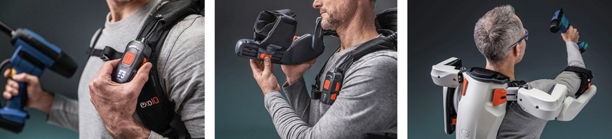 Kleine Details entscheiden über die Handhabbarkeit eines Exoskeletts in der Praxis. Das System von exoIQ ermöglicht die ­Krafteinstellung am Brustgurt (links), das Verstellen der Länge (Mitte) und letztlich das schnelle An- und Ablegen im Einsatz (rechts).