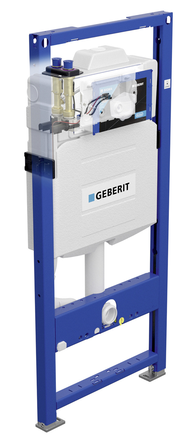 Selbsttragende Sanitärtragständer/ Montageelemente (im Bild: WC-Element mit integrierter Hygienespülung) kommen typischerweise vor einer Massiv- oder Trockenbauwand (raum- oder teilhoch) zum Einsatz.