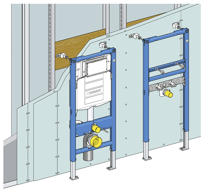 Statisch verstärkte Unterkonstruktion einer rückwärtigen Trockenbauwand.
