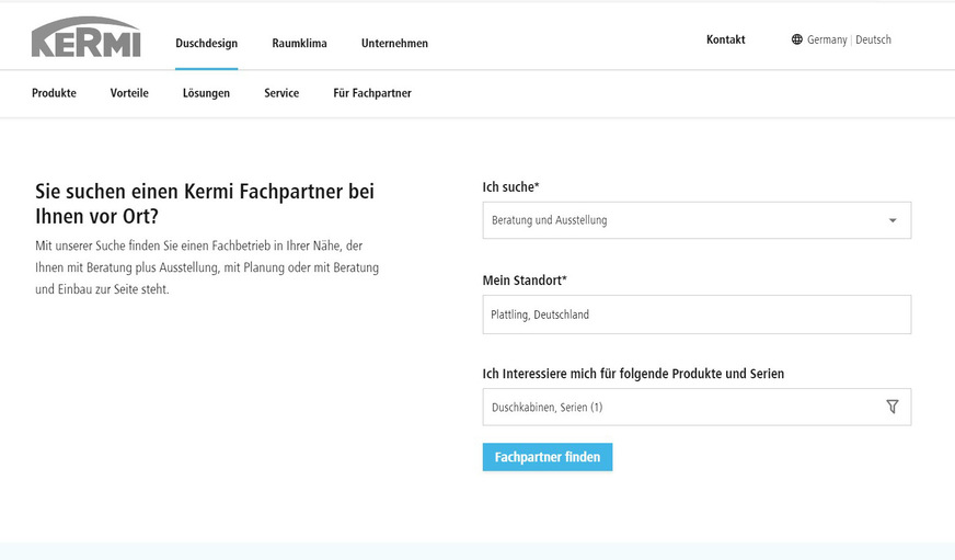 Mit der Suchfunktion auf der Kermi Homepage finden Verbraucher einen Fachbetrieb in der Nähe, der mit Beratung plus Ausstellung, mit Planung oder mit Beratung und Einbau zur Seite steht. Die Chance für Fachbetriebe, neue Badaufträge zu bekommen.