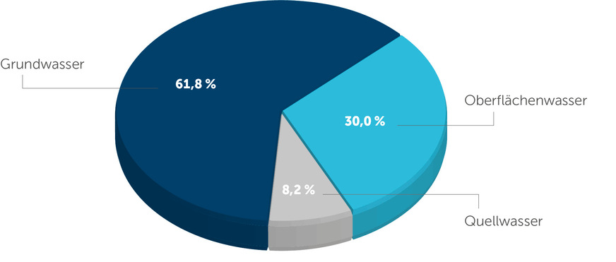 Trinkwasser wird in Deutschland mit einem Anteil von 61,8&nbsp;% überwiegend aus Grundwasser gewonnen. An zweiter Stelle stehen mit einem Anteil von 30,0&nbsp;% Oberflächengewässer – etwa Flüsse oder Seen – einschließlich angereichertem und uferfiltriertem Grundwasser. Frei zutage tretendes Quellwasser trägt mit 8,2&nbsp;% zur Trinkwassergewinnung bei.