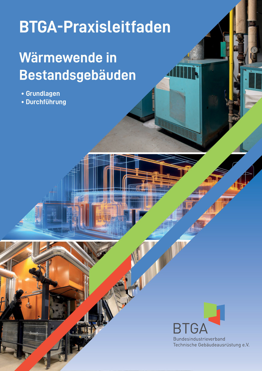 Cover des BTGA-Praxisleitfadens „Wärmewende in Bestandsgebäuden“