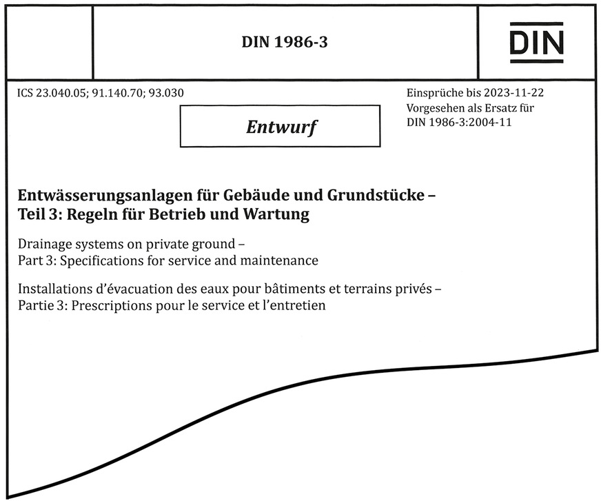 Der Entwurf der aktualisierten DIN 1986-3 ­umfasst 22 Seiten und ist im ­Oktober 2023 ­erschienen. Das Dokument gilt zusammen mit der DIN ­1986-30 ­„Entwässerungs­anlagen für Gebäude und Grundstücke – Teil 30: Instandhaltung“.