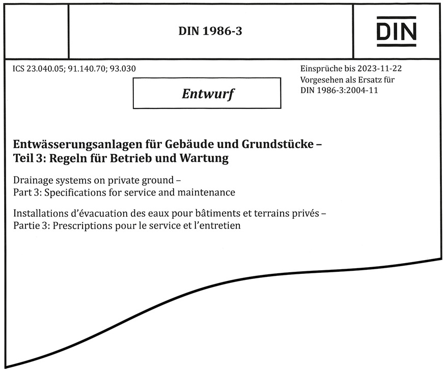 Der Entwurf der aktualisierten DIN 1986-3 umfasst 22 Seiten und ist im Oktober 2023 erschienen. Das Dokument gilt zusammen mit der DIN 1986-30 „Entwässerungsanlagen für Gebäude und Grundstücke – Teil 30: Instandhaltung“.