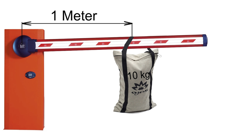 Die Schranke aus dem Rechenbeispiel mit einem 10-kg-Sack im Abstand von 1 m zum Drehpunkt