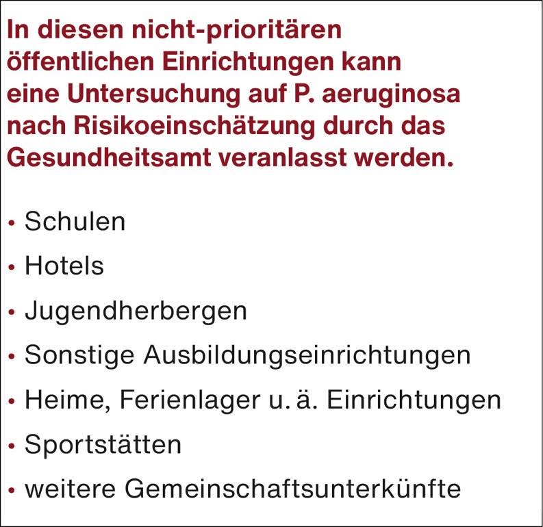 D Nicht-prioritäre öffentliche Einrichtungen sind lediglich nach Risikoabschätzung und Veranlassung durch das Gesundheitsamt zu untersuchen.