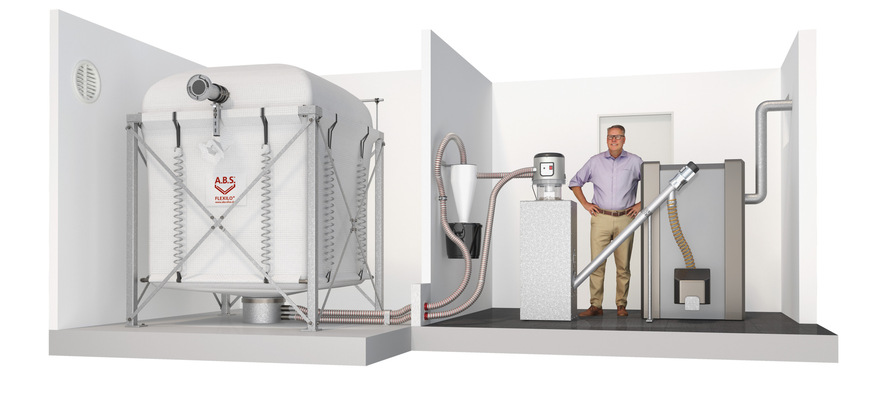 Beim neuen Gewebesilo „Flexilo FEDER PLUS“ erfolgt die Entnahme der Holzpellets punktuell durch einen Absaugtopf mit integrierter Saugsonde. Es ist&nbsp;einfach und schnell montiert und garantiert eine staubfreie Befüllung.