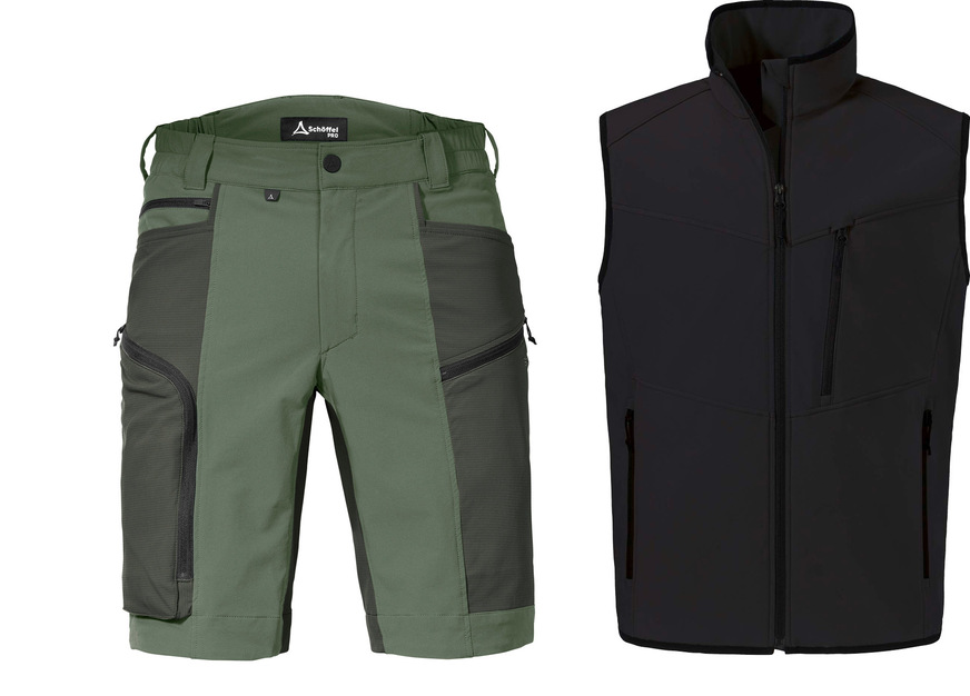 Für die wärmeren Tage: eine Weste für die Übergangszeit und eine kurze Arbeitshose von Schöffel Pro.