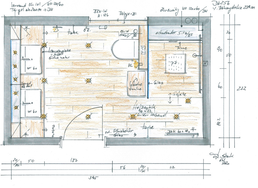 Im rechten Winkel zur Duschzone befindet sich eine halbhohe, stabil ausgesteifte Wand für das Wand-WC. Der Platz rundherum erleichtert die Nutzung des WCs.