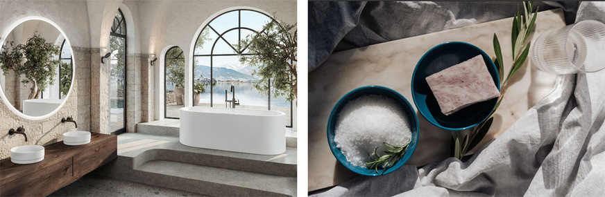 Links: Kaldewei-Badlösungen aus edler Stahl-Emaille sind plastikfrei und vollständig kreislauffähig. Rechts: Die Miniaturschale Miena aus kreislauffähiger Stahl-Emaille.