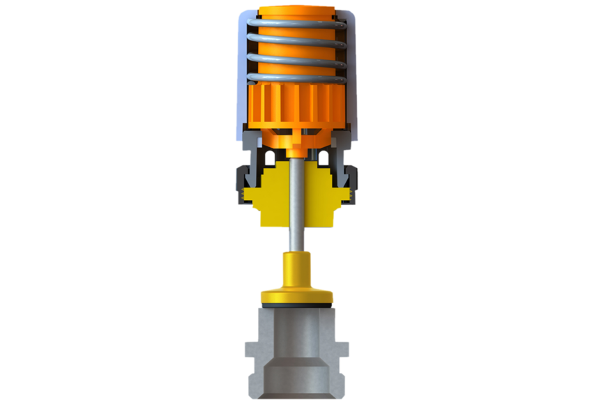 Blick ins Innere eines Stellantriebs, hier der Serie 3 von Eazy Systems: Der Stellantrieb hat das richtige Schließmaß und schließt das Ventil vollständig. Erkennbar ist das an der Hubanzeige. Diese ragt etwa 0,5-1 mm über das Gehäuse hinaus (auch „Überhub“ genannt).