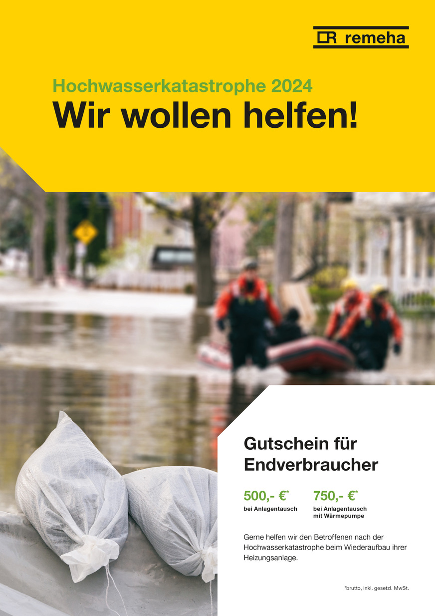 Remeha bietet Betroffenen der Hochwasserkatastrophe finanzielle Unterstützung beim Austausch defekter Heizungsanlagen.