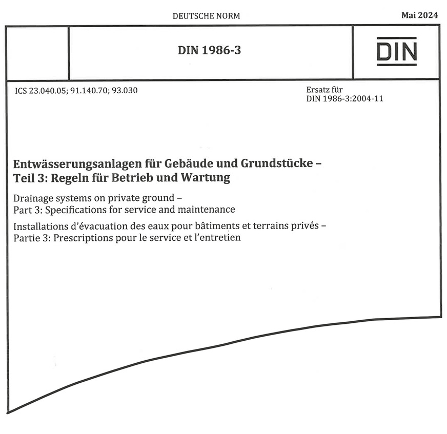 Die im Mai 2024 als Weißdruck erschienene DIN 1986-3 umfasst 22 Seiten. Das Dokument gilt zusammen mit der DIN 1986-30 „Entwässerungsanlagen für Gebäude und Grundstücke – Teil 30: Instandhaltung“.
