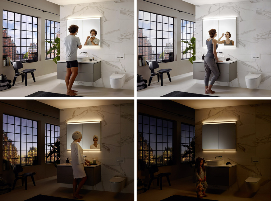 Beleuchtung sollte im Badezimmer unterschiedliche Tageszeiten und Stimmungen berücksichtigen: indirektes Licht für ein entspannendes Bad, ein hell ausgeleuchteter Spiegel für die Rasur oder sanftes Orientierungslicht für den nächtlichen Gang zur Toilette.