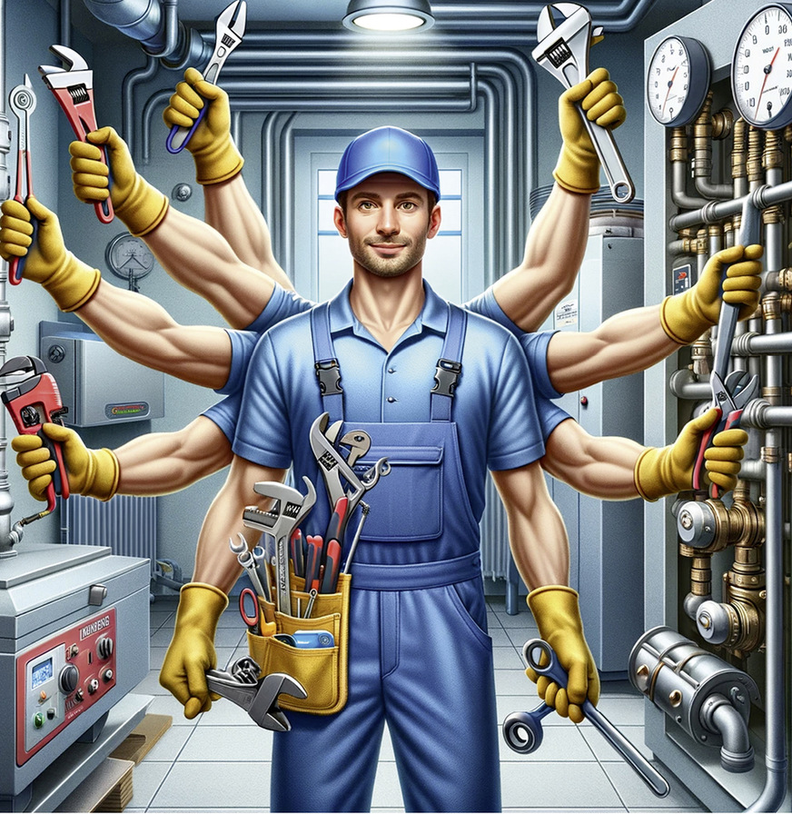 Durch KI binnen kurzer Zeit erschaffen und als Könner im Heizungskeller eingetroffen: Spaßeshalber hat der virtuelle Held gleich alle neun Hände voll zu tun.