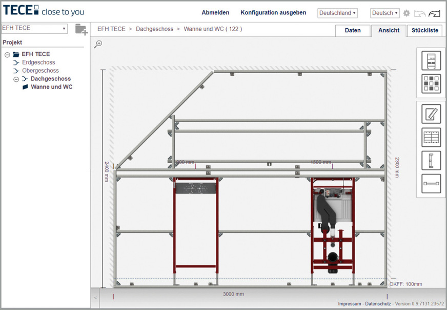 Die intuitive Nutzeroberfläche von Tecesmartwall erleichtert die digitale Planung von Installationswänden.