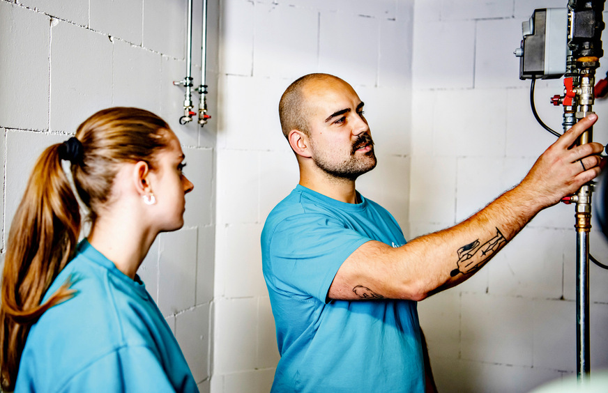 Der Geselle leitet bei seiner Arbeit im Hause eines Kunden die Auszubildende des zweiten Lehrjahrs an.