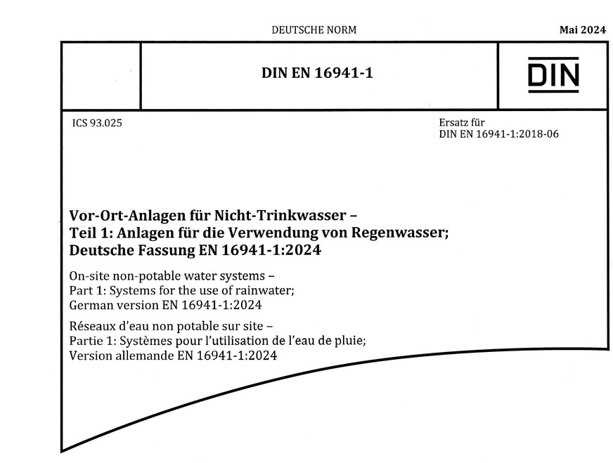 Die im Mai 2024 in ­einer ­Neu­fassung ­erschienene DIN EN 16941-1 umfasst 39 Seiten. Für Regen­wassernutzungsanlagen muss in Deutschland ­zudem die DIN 1989-100 beachtet ­werden.