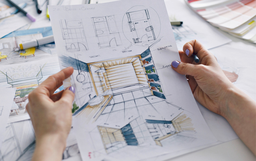 In einer schnell ­kolorierten ­Skizze kann man vermitteln, wie&nbsp;Material und Holz zusammenspielen.