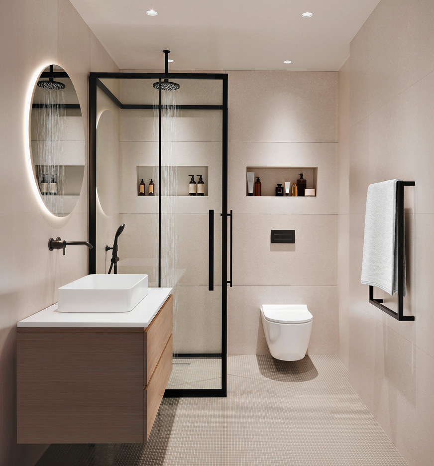 Deutlich ­attraktiver wird es, wenn dunkle Arma­turen und Frame-Racks durch farbige Wandelemente ergänzt werden.