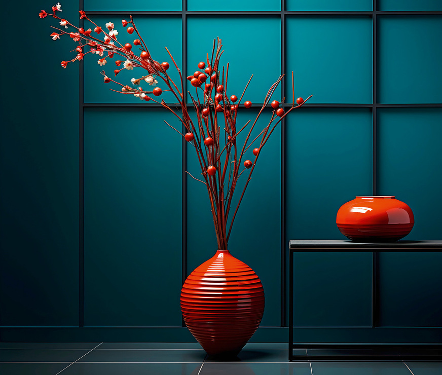 Dunkles Petrol und ein Bodenbelag wie Schiefer als Raumhülle werden durch ein ­gutes Lichtkonzept und farbige Blickfänge punktuell ergänzt. Mit schwarzen ­Armaturen vervollständigt würde die Szene perfekt zu einem schönen Restaurant passen oder könnte zum Highlight in einer Badausstellung werden.