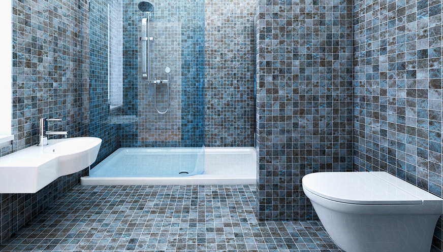 Hier wird überspitzt gezeigt, wie wichtig die richtige Quantität ist. Boden und Wandfläche komplett in der gleichen Fliesenstruktur sind viel zu viel. Mindestens der Vorsprung rechts und die Wand hinter dem Waschtisch sollten als Uni-Fläche angelegt werden, um optisch Ruhe zu schaffen.