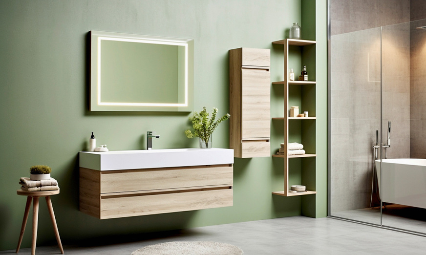 Naturmaterial wie Stein und&nbsp;Holz plus weiße Keramik und nur eine sorg­fältig ausgewählte Farbe, wie hier das Eukalyptusgrün auf der Hauptschauwand, sind ein klares, einfaches Konzept, das sich schon oft bewährt hat. Die Anstrichfarbe muss freilich badezimmertauglich sein.